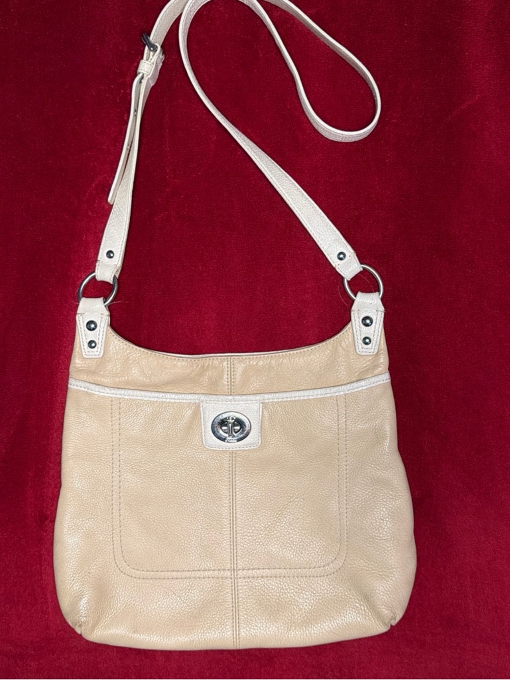 Coach Beige Leather Crossbody Bag with White Trim